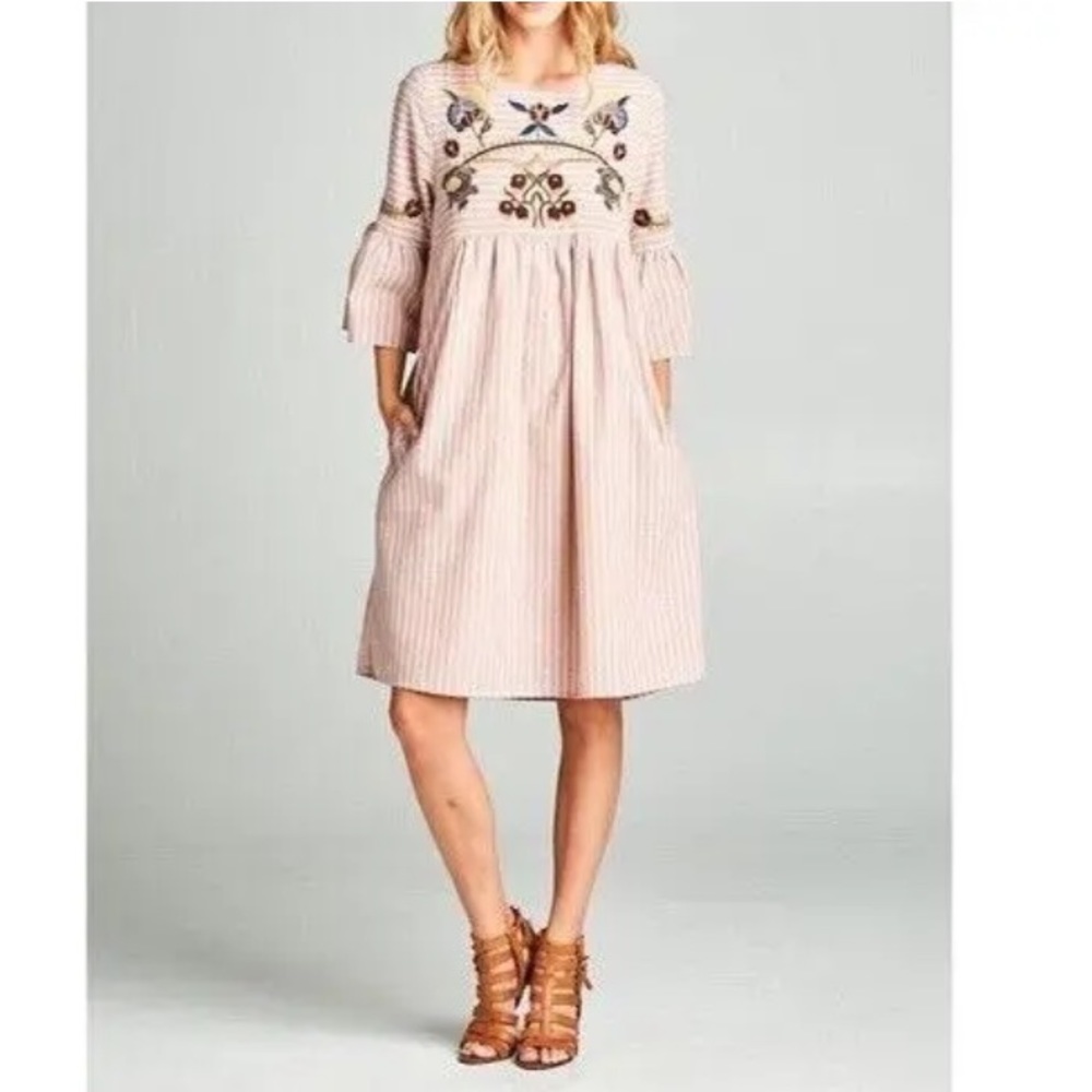 orange creek Blush Pink Striped Midi Dress with Embroidery